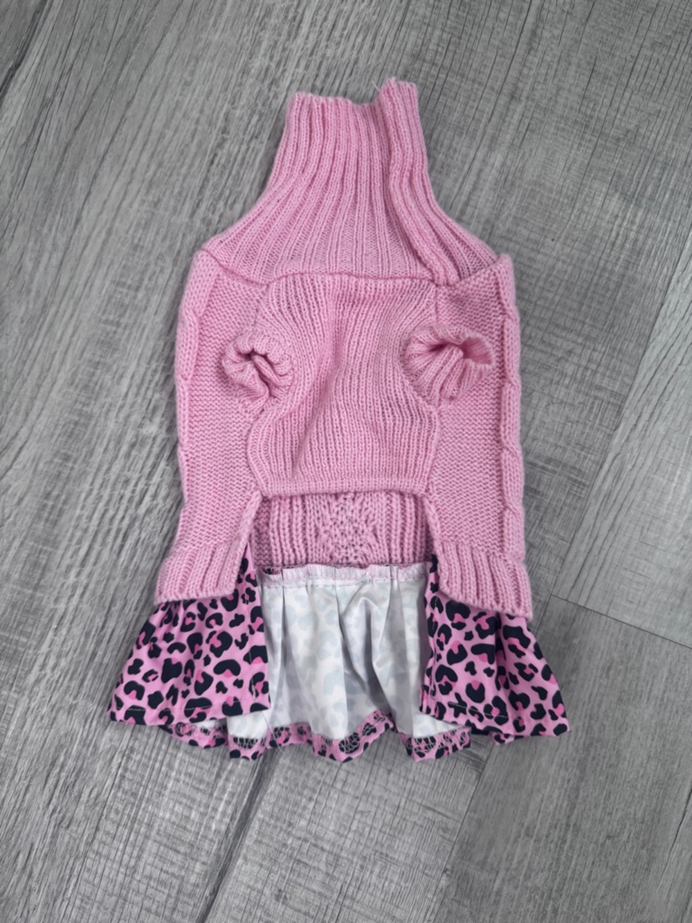 Pink Cable Knit Dog Sweater Dress with Leopard Print Ruffle & Bow Pet Clothes. - Picture 3 of 7